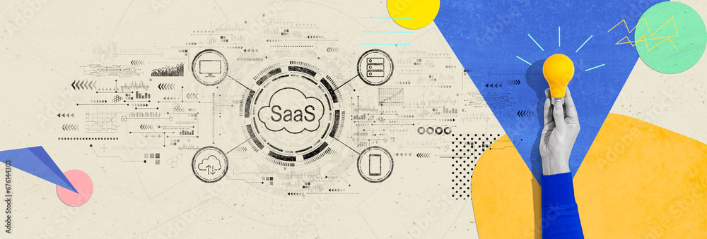 SaaS - software as a service concept with person holding a yellow light bulb