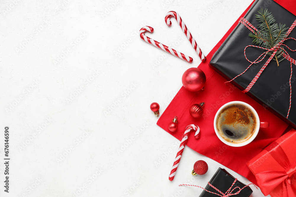 Beautiful Christmas composition with cup of coffee and gift boxes on white background