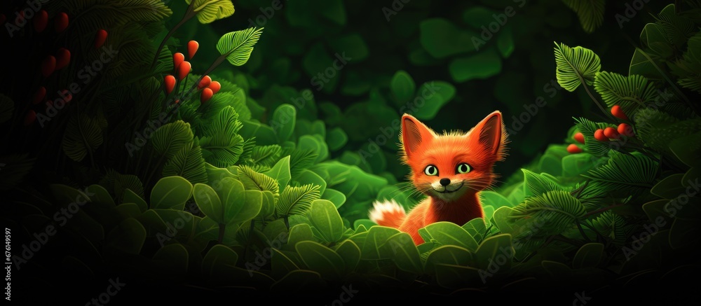 In the summer garden an abstract pattern of green leaves forms a beautiful backdrop to the vibrant and cute red animal surrounded by the natural beauty of the forest