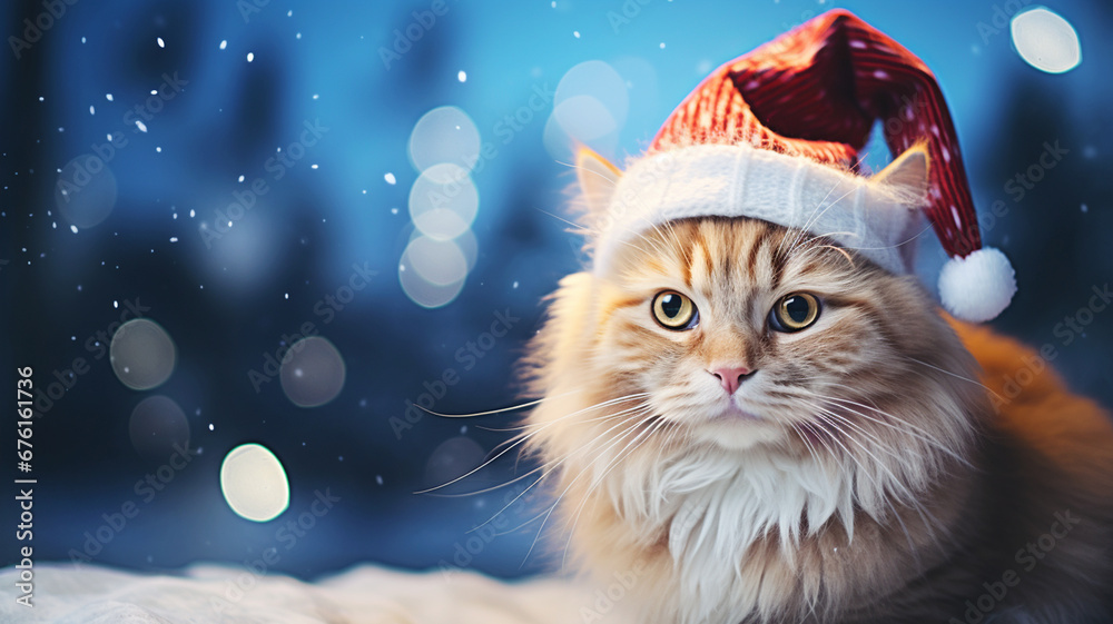 A cat wearing a red Santa hat costume