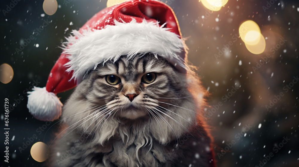 A cat wearing a red Santa hat costume