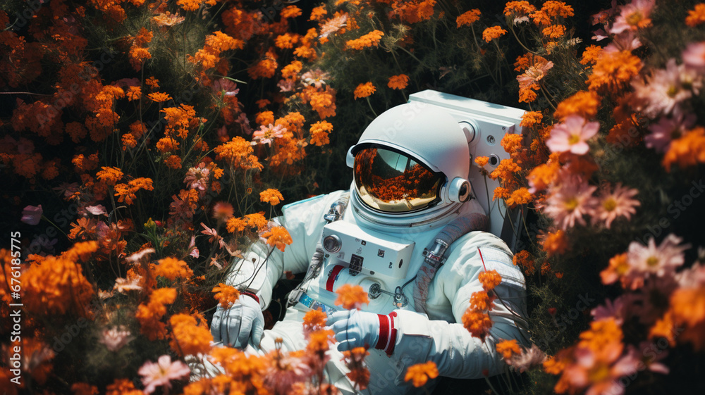 Astronaut relaxing in a field of flowers on a distant planet