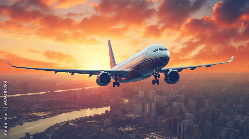 Beautiful panoramic airplane flying above the city