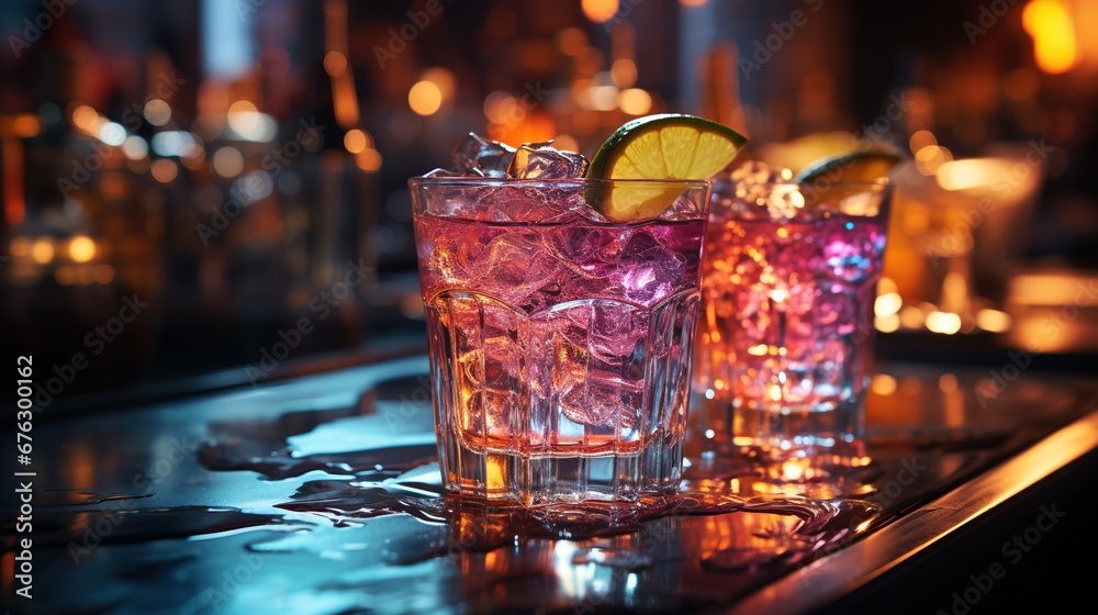 Close-up of group of stylish coloured cocktails with ice and lemon on the bar counter. Generative AI