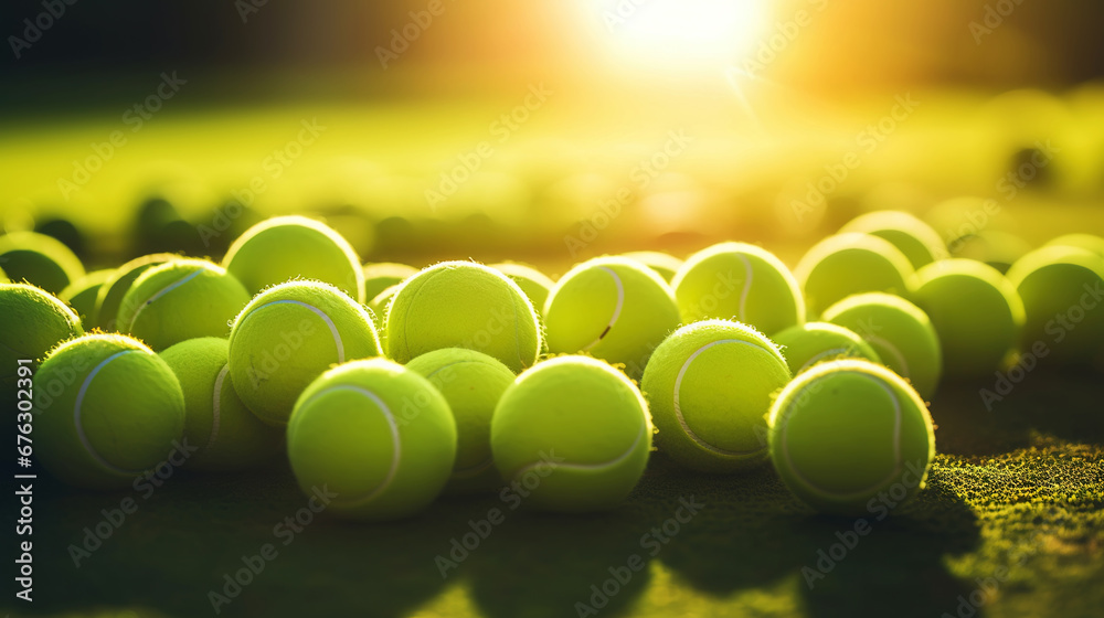 Closeup of a plenty of tennis balls on an empty tennis court, the sunshine. Sports lifestyle concept. Generative AI