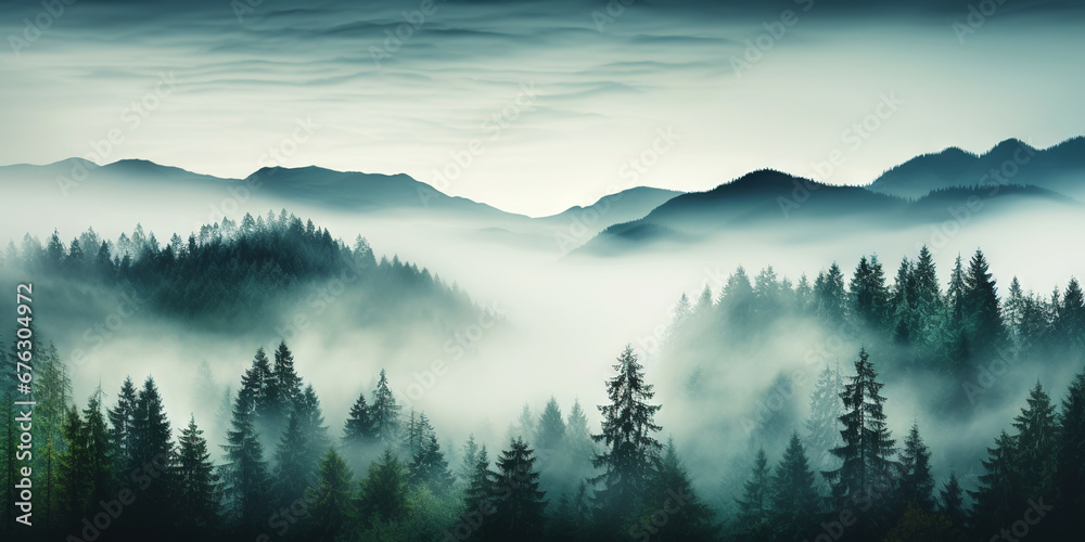 Misty mountain landscape with fir forest in vintage retro style. Generative AI