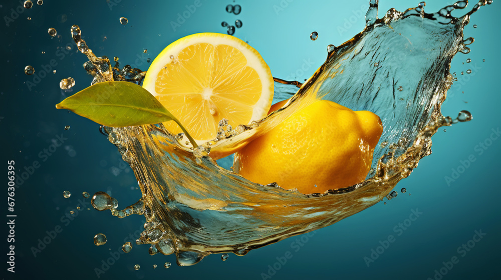 Fresh lemon with water splashes on dark background. Generative AI