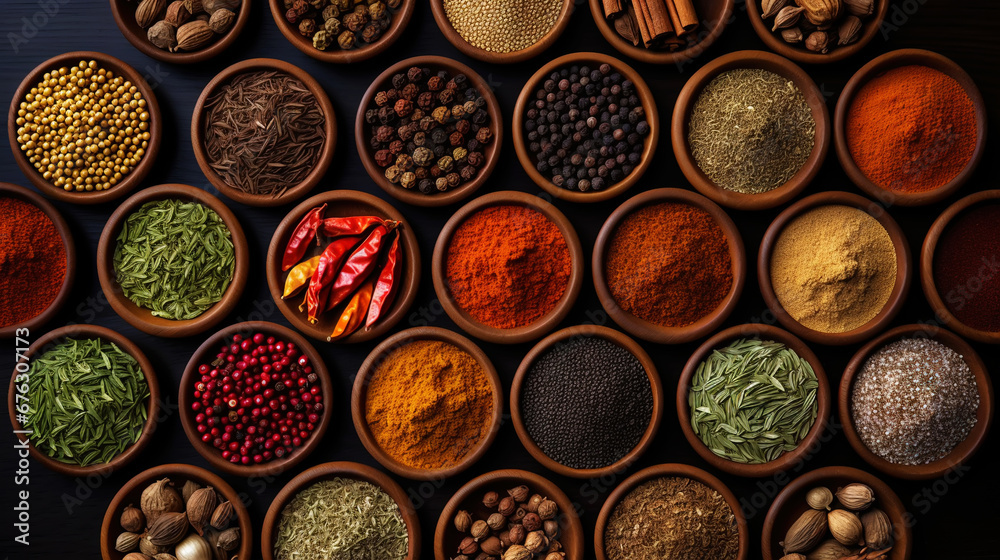 Collection of different aromatic spices and herbs in a wooden plates on dark background, view from above. Generative AI