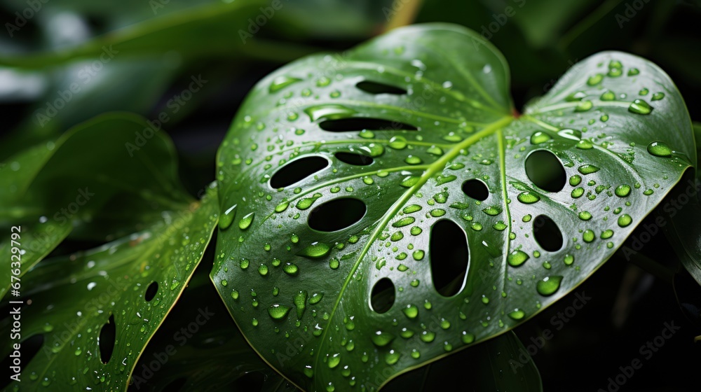  Close-up of green monstera leaves with water drops. Jungle wall background. Generative AI