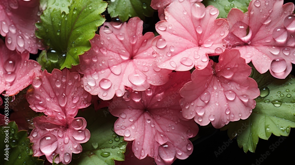 Close-up of fresh red leaves of Heuchera micrantha with water drops. Dark background. Generative AI