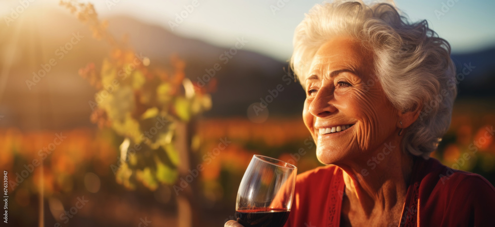 Senior smiling woman with a glass of wine, blurred backdrop of vineyard on a sunset. Generative AI