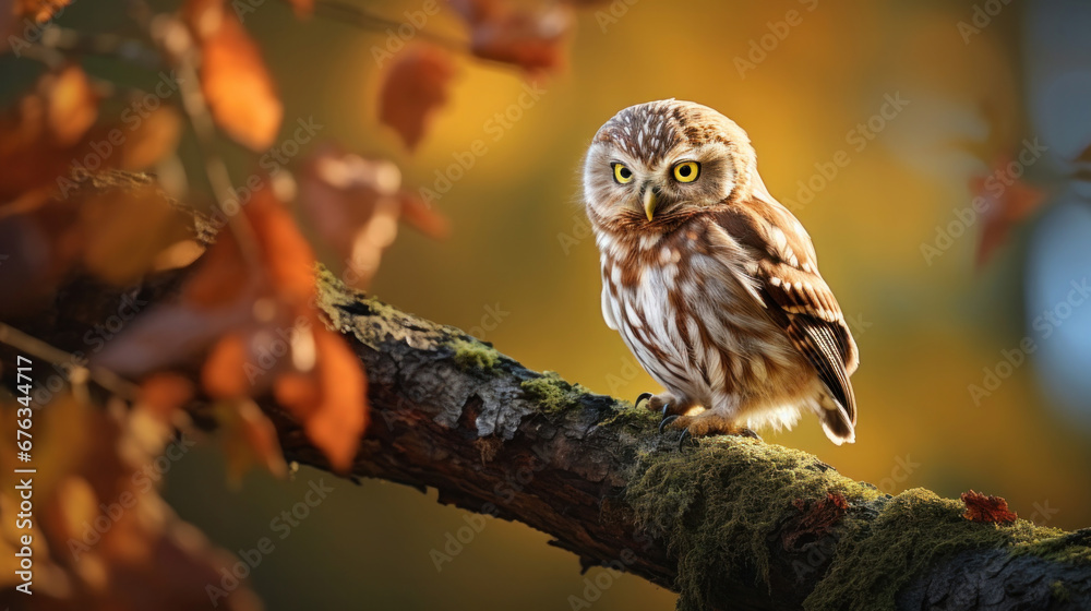 A little owl on branch in the forest.