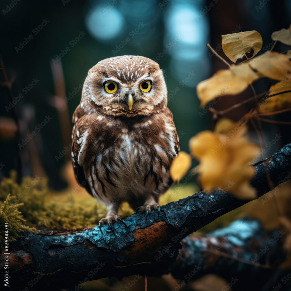 A little owl on branch in the forest.