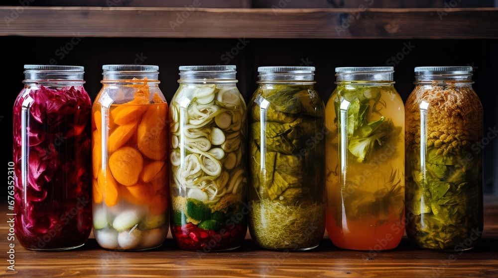 A vibrant collection of assorted fermented foods displayed in clear glass jars, featuring a colorful array of textures and hues from vegetables and fruits, symbolizing healthy probiotic rich cuisine.