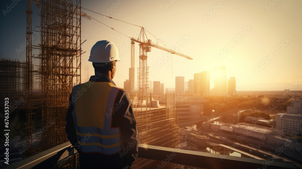 An Engineer working at construction site, real estate project in city.