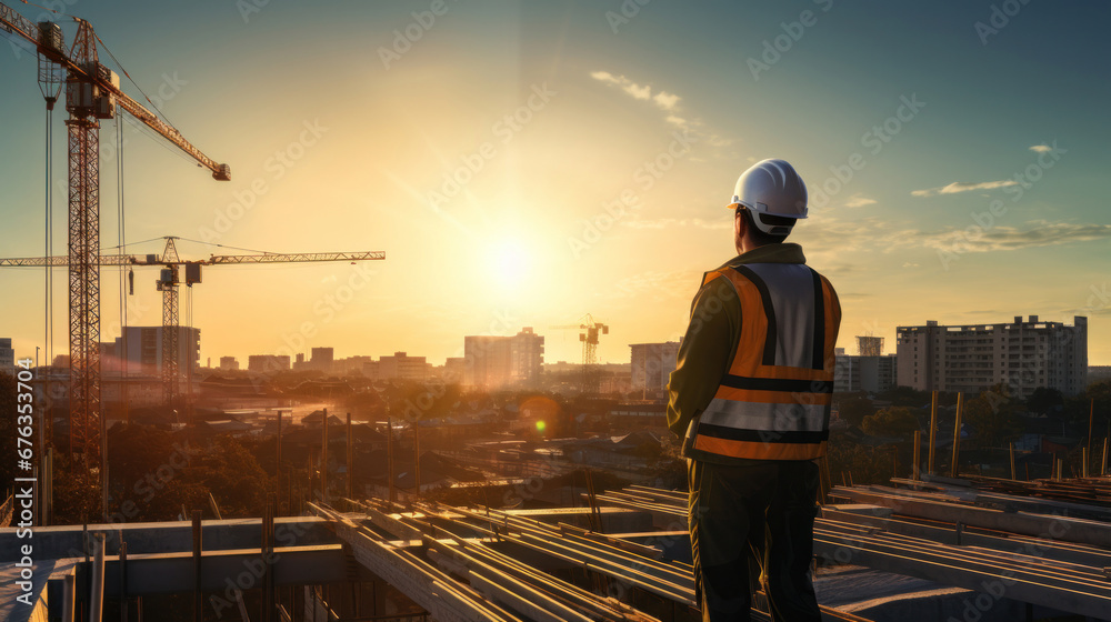 An Engineer working at construction site, real estate project in city.