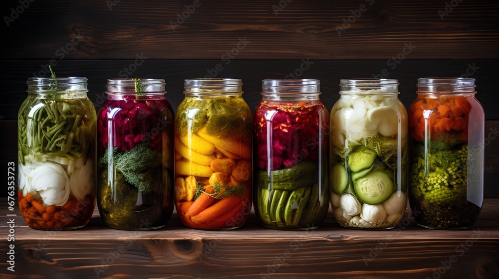 A vibrant collection of assorted fermented foods displayed in clear glass jars, featuring a colorful array of textures and hues from vegetables and fruits, symbolizing healthy probiotic rich cuisine.