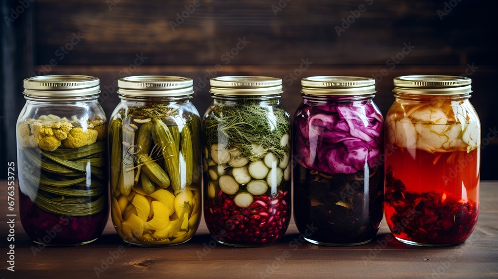 A vibrant collection of assorted fermented foods displayed in clear glass jars, featuring a colorful array of textures and hues from vegetables and fruits, symbolizing healthy probiotic rich cuisine.