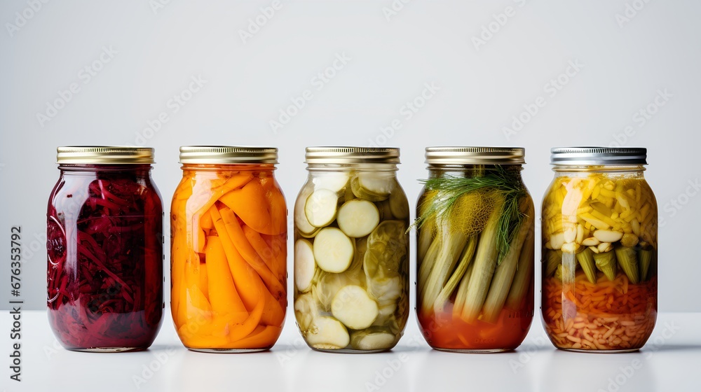 A vibrant collection of assorted fermented foods displayed in clear glass jars, featuring a colorful array of textures and hues from vegetables and fruits, symbolizing healthy probiotic rich cuisine.