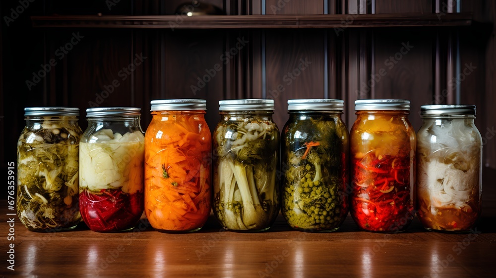 A vibrant collection of assorted fermented foods displayed in clear glass jars, featuring a colorful array of textures and hues from vegetables and fruits, symbolizing healthy probiotic rich cuisine.