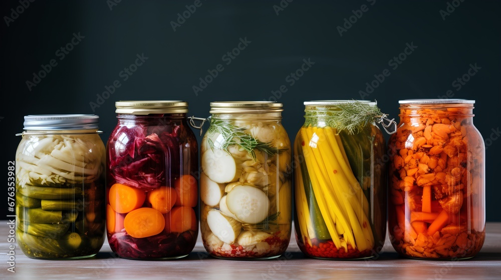 A vibrant collection of assorted fermented foods displayed in clear glass jars, featuring a colorful array of textures and hues from vegetables and fruits, symbolizing healthy probiotic rich cuisine.