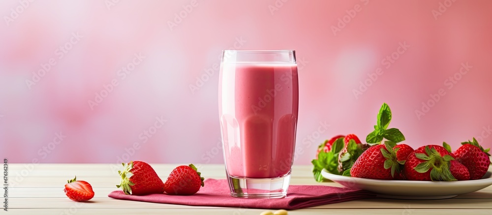 In the background of a sunny morning a delicious and healthy breakfast of strawberry yogurt accompanied by a glass of vibrant pink strawberry juice awaited me providing a nutritious start to