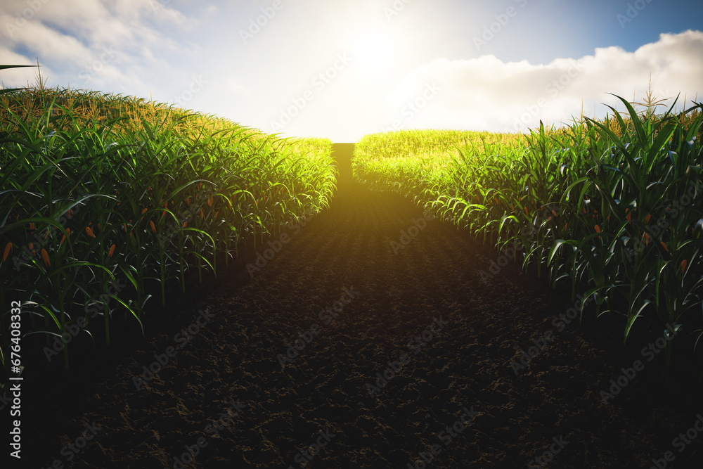 Green corn field with cobs at sunset. Corn plants 3D