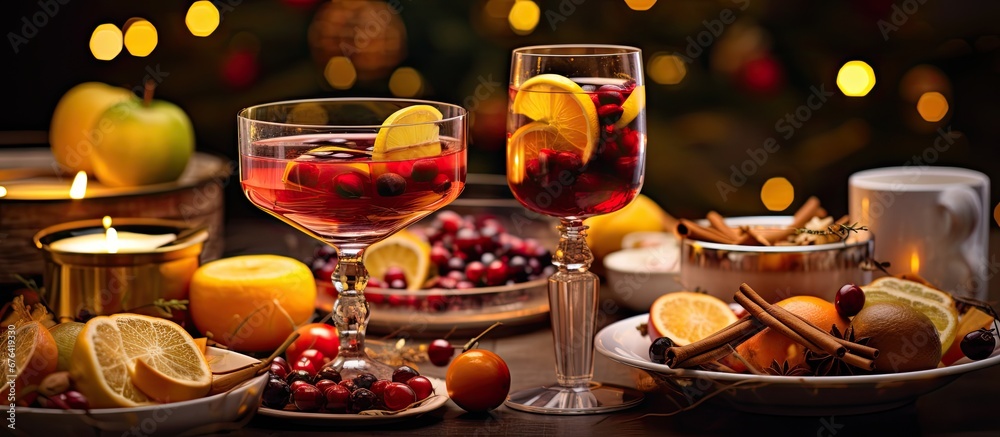 In the background of a cozy winter party a table adorned with autumn fruits and star shaped tea light candles is set with glasses of red wine and refreshing cocktails made with apple orange