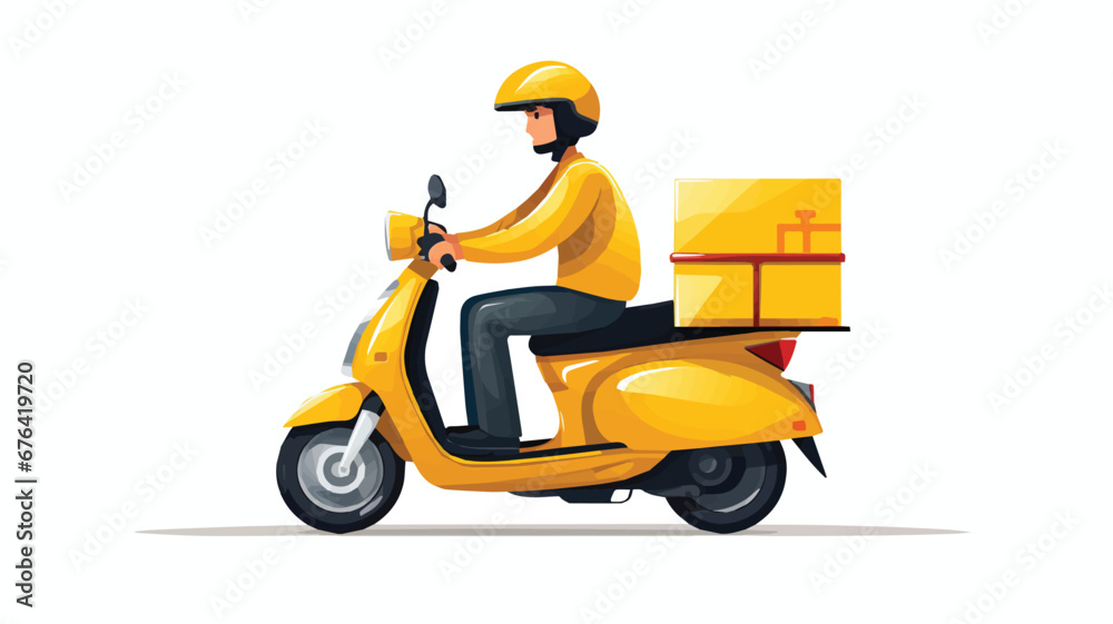 Minimalist vector illustration of a delivery man driving a scooter on a white background.