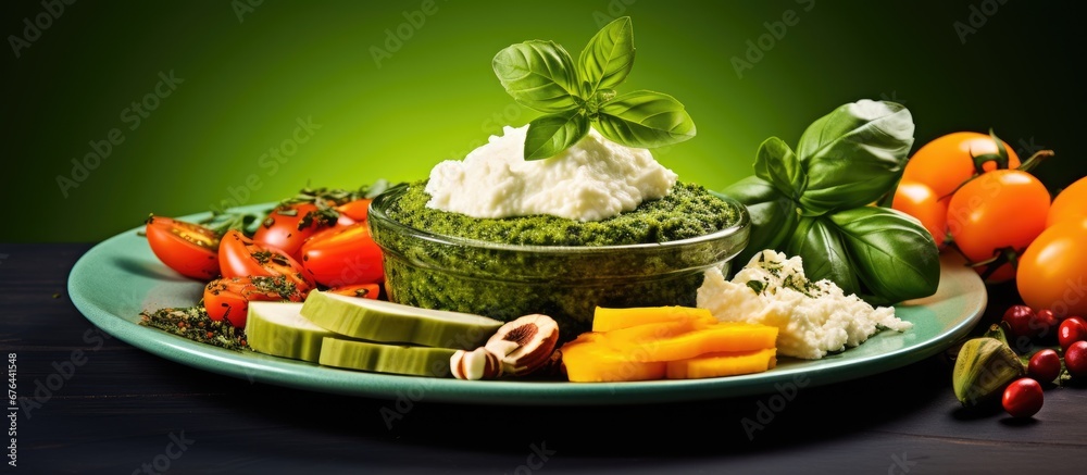 I whipped up a delicious Pesto Sauce using fresh olive oil vibrant green basil leaves and a variety of organic spices served on a glass plate beside a colorful array of healthy vegetables a