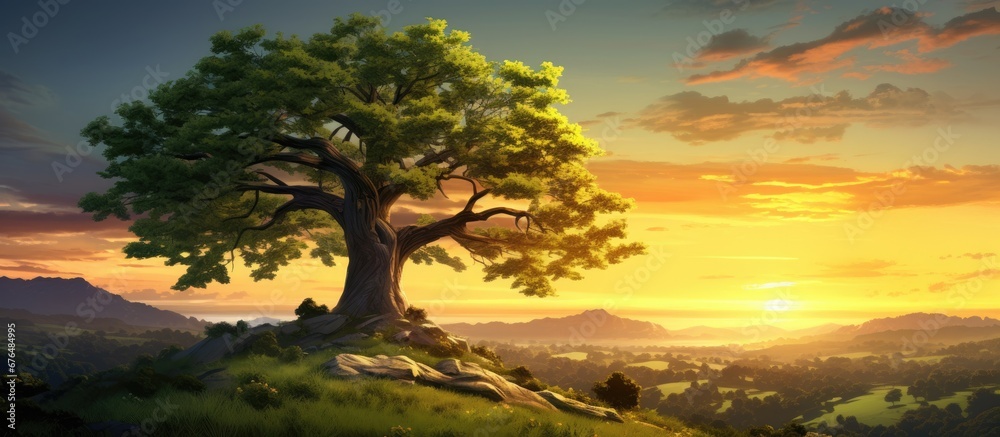 In the tranquil summer evening as the sun sets in the vibrant sky the silhouette of a tree stands tall against the magnificent backdrop of the forest painting a breathtaking natural landsca