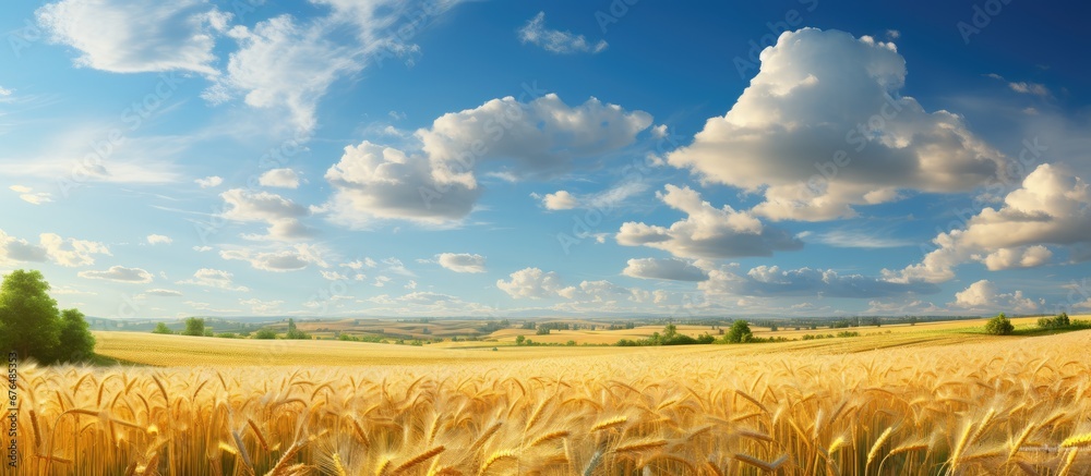 In the golden summer sky the vibrant colors of nature create breathtaking landscapes as fluffy clouds float gracefully above lush green fields of wheat on a farm where the aroma of freshly b