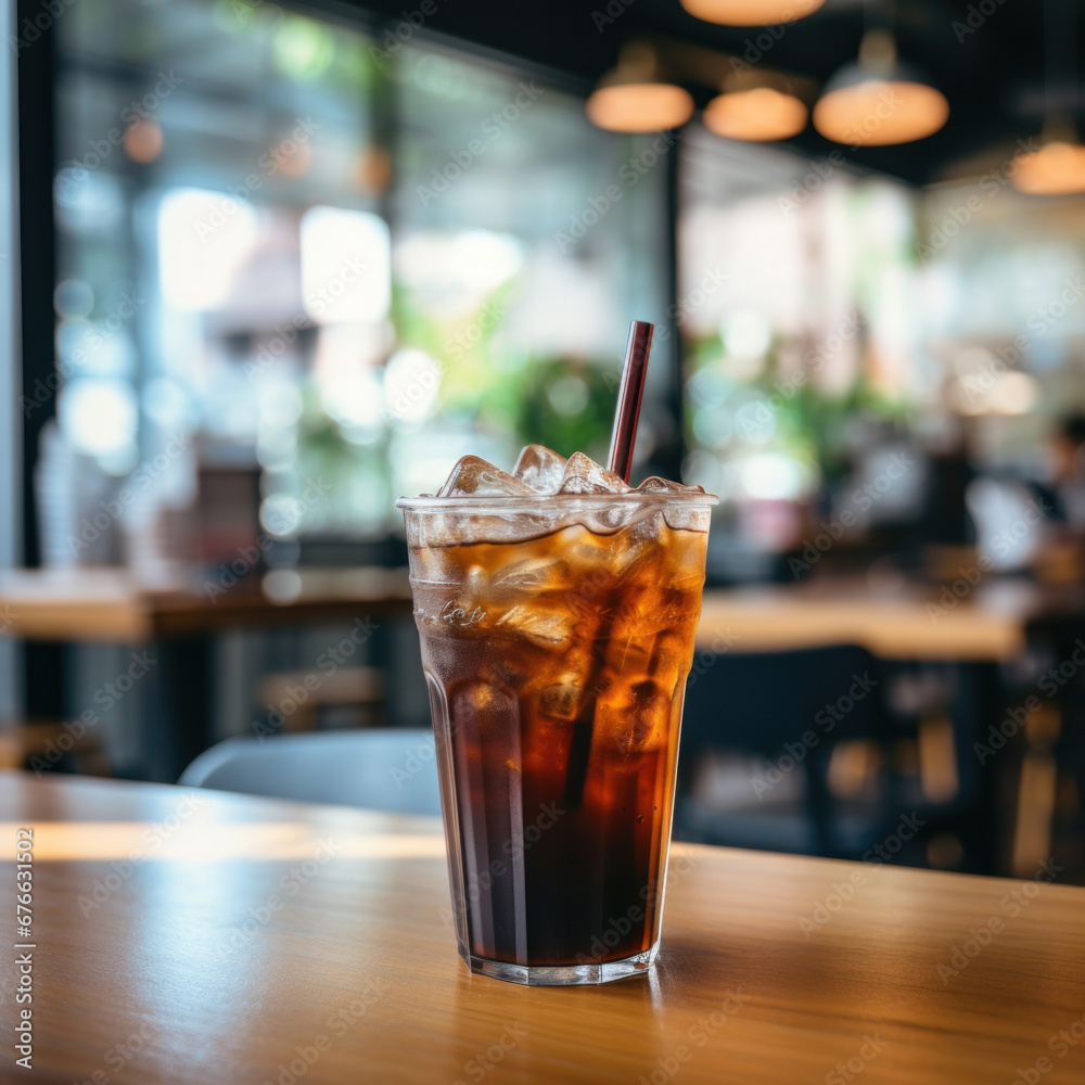 A black iced coffee on the table at a coffee shop.