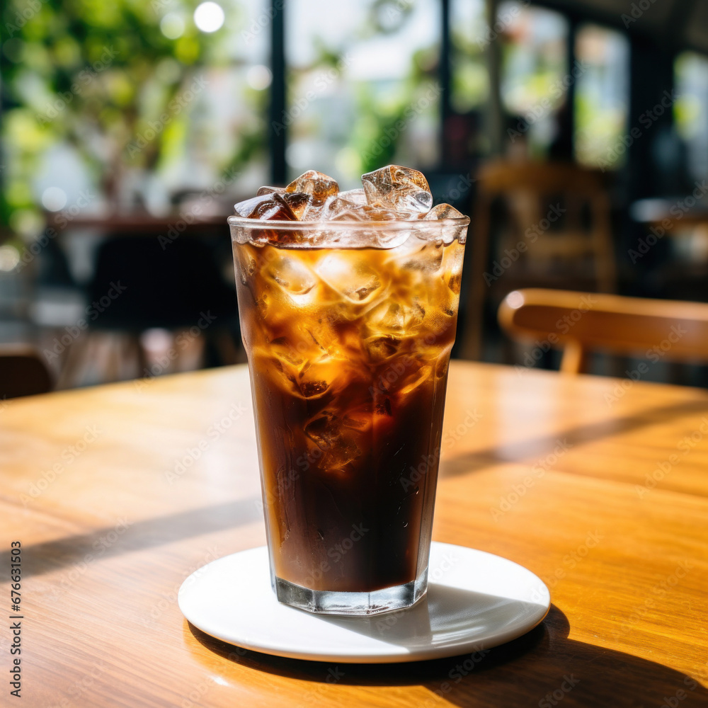 A black iced coffee on the table at a coffee shop.