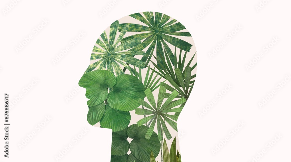 Palm leaf in human head. conceptual art.