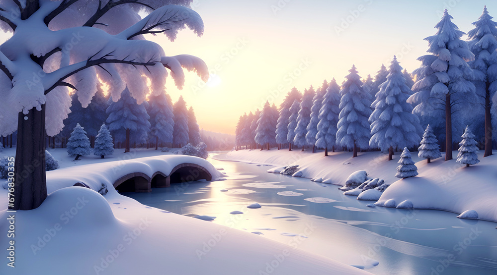 Picturesque winter landscape with snow-covered fir trees on the river bank at sunset, illustration, 3d