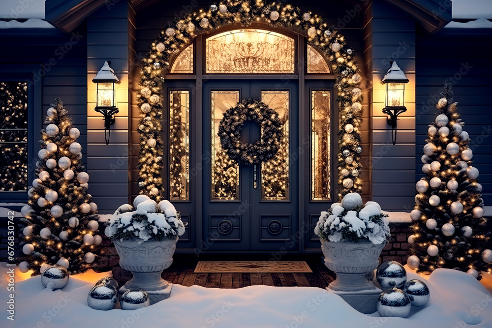 An old classical house decorated with Christmas trees and garlands with toys on Christmas Eve by lantern light