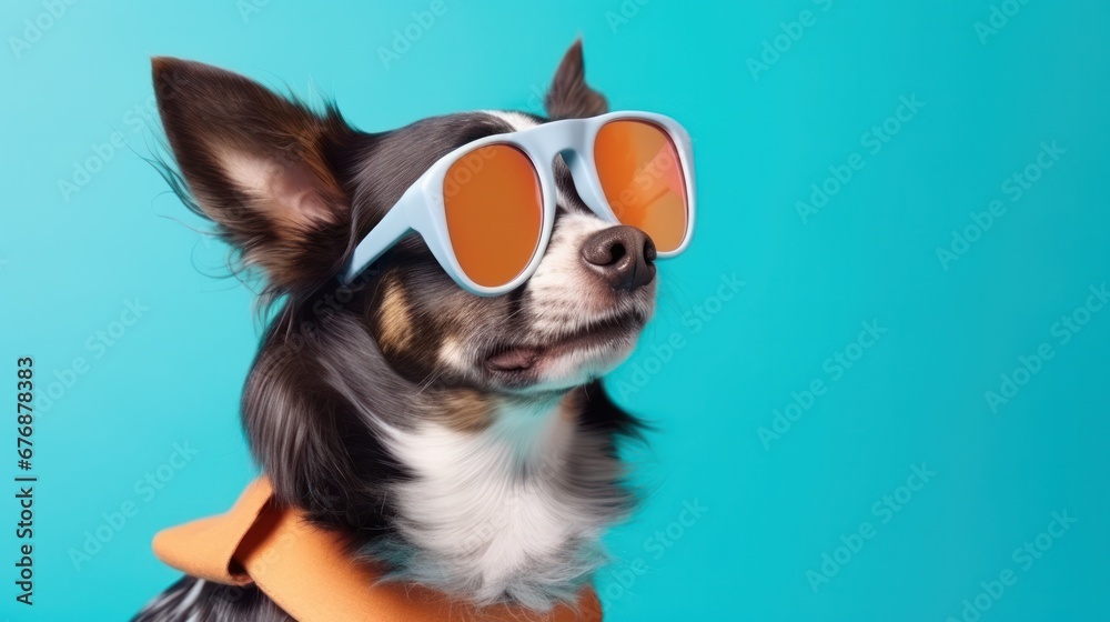 A dog sporting some cool shades and set against a solid pastel backdrop