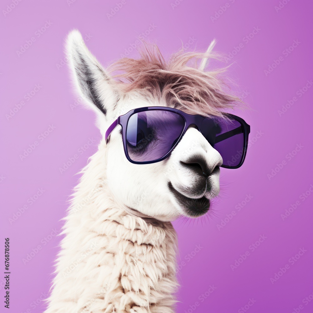 A llama sporting some cool shades and set against a solid pastel backdrop