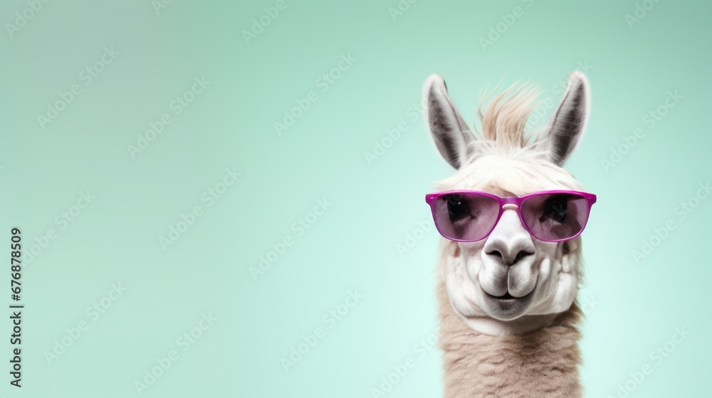 A llama sporting some cool shades and set against a solid pastel backdrop