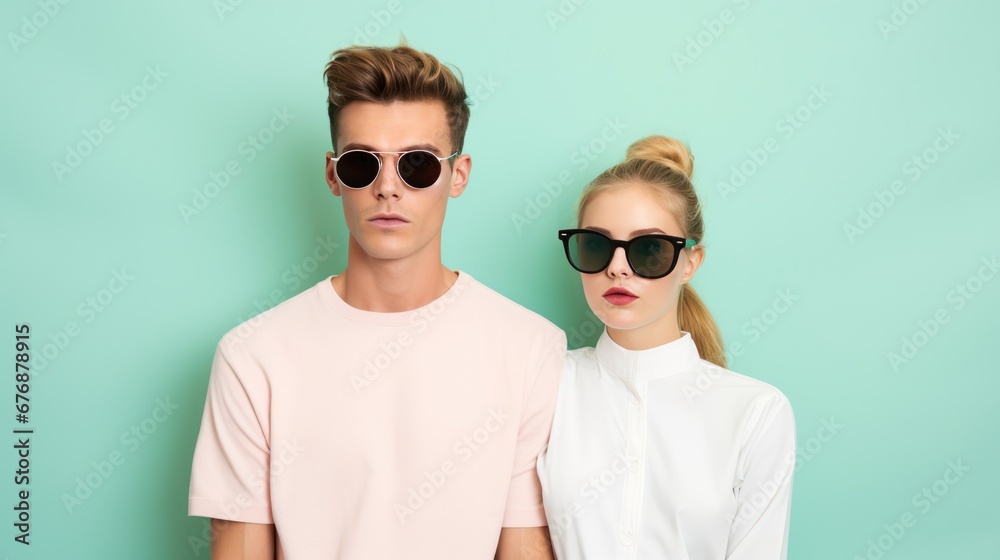 A beautiful girl and guy sporting some cool shades and set against a solid pastel backdrop