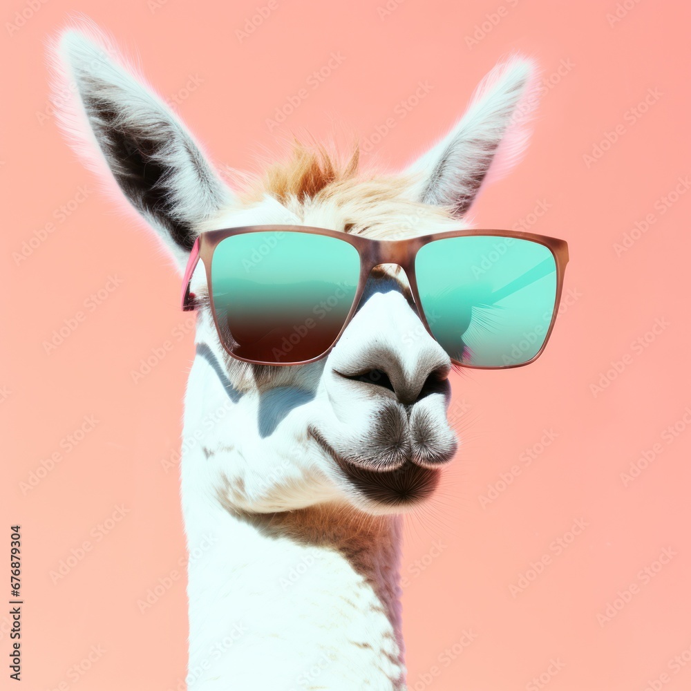 A llama sporting some cool shades and set against a solid pastel backdrop