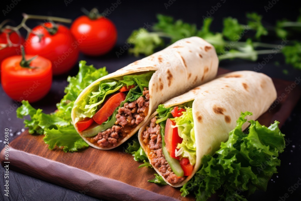 Burrito with meat, vegetables and spices on a wooden board