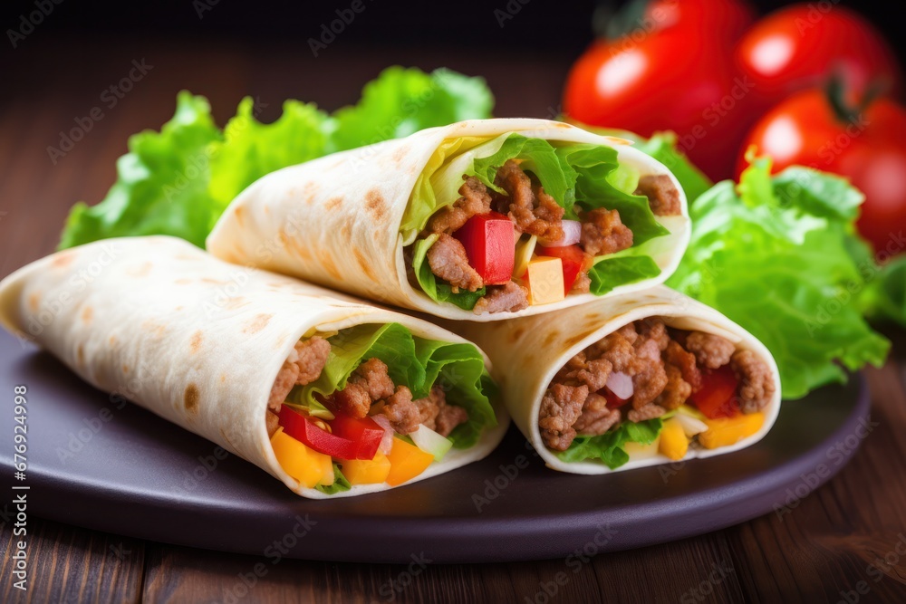 Burrito with meat, vegetables and spices on a wooden board