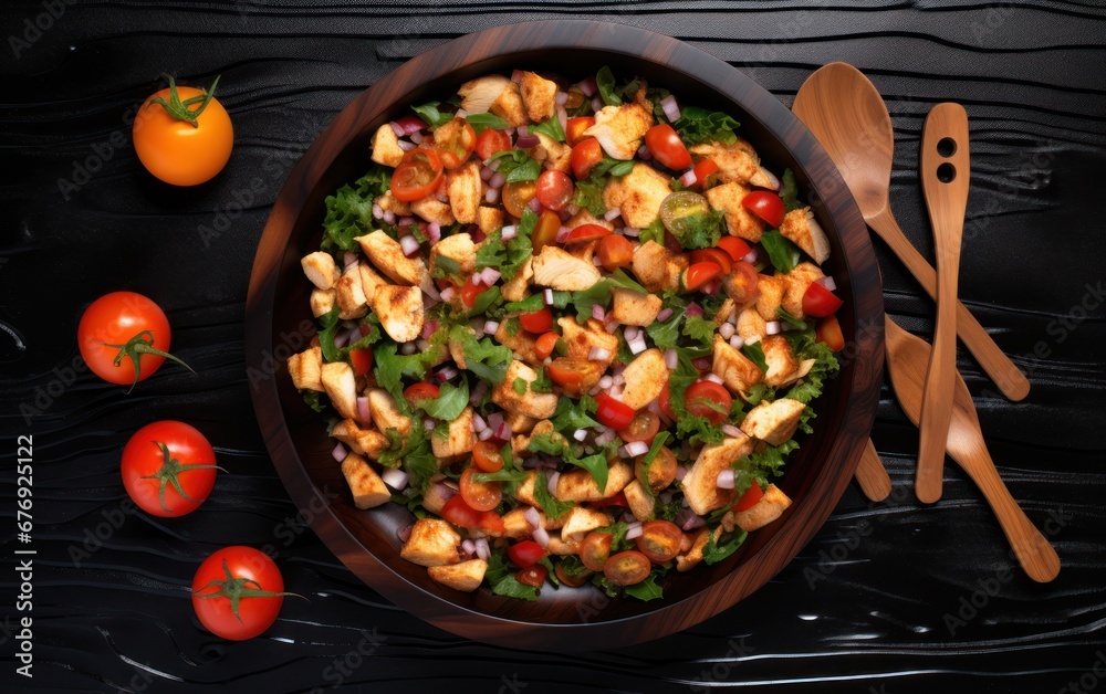 Chicken salad on black wood table in wooden bowl with leafs