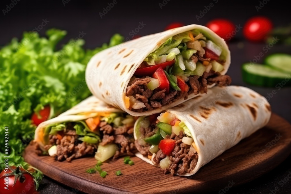 Burrito with meat, vegetables and spices on a wooden board