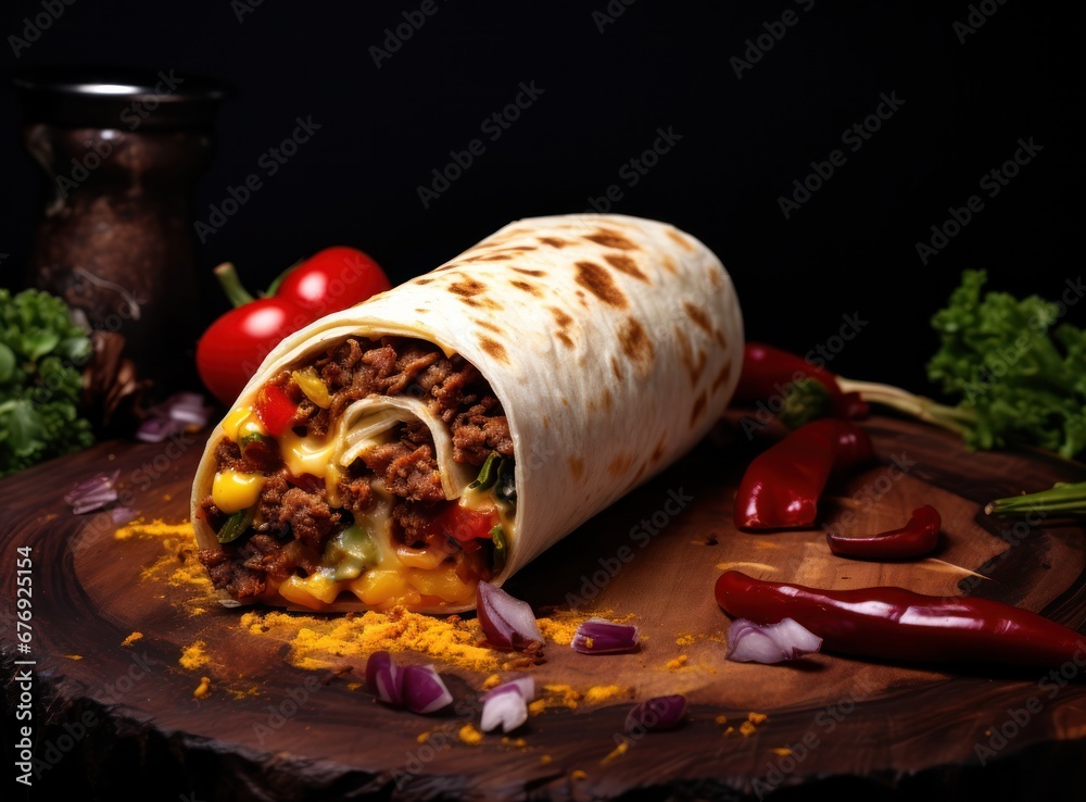 Burrito with meat, vegetables and spices on a wooden board