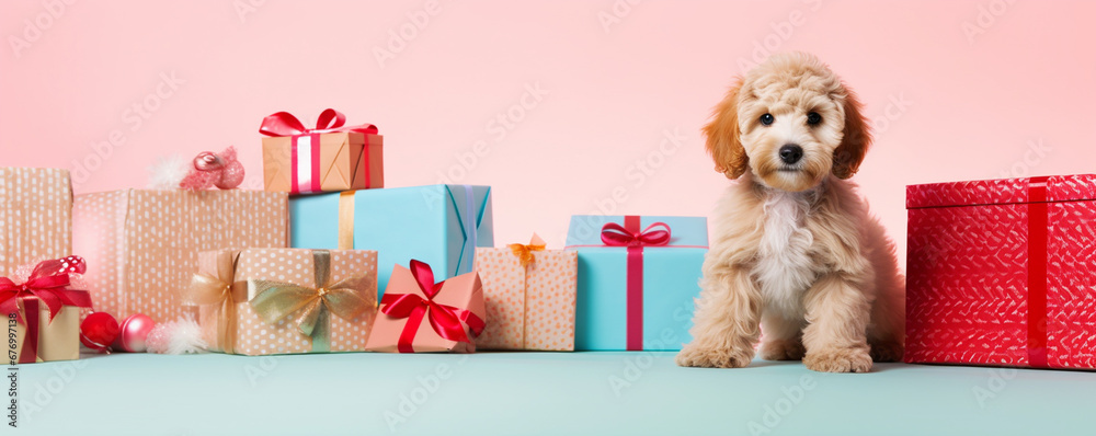 Dog with presents and gifts for Christmas