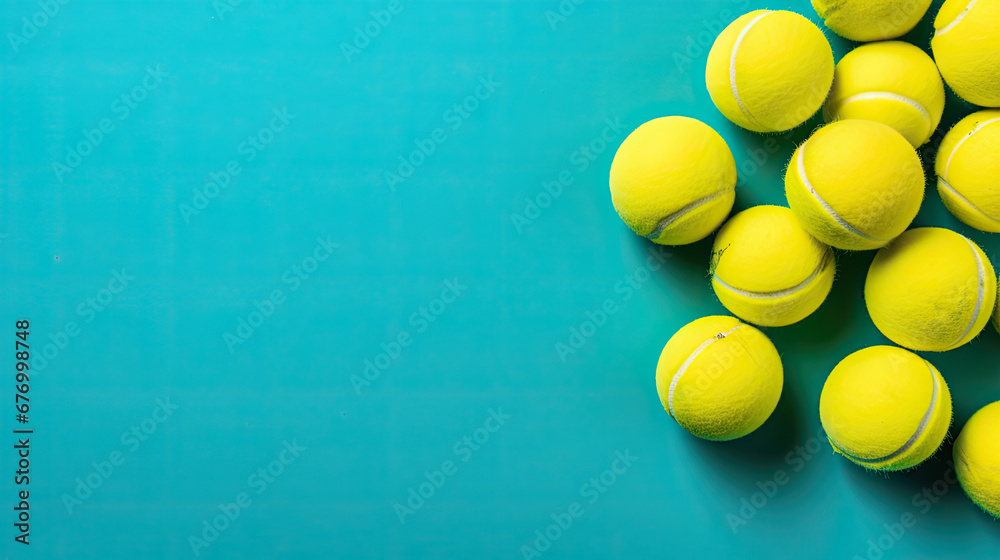 yellow tennis balls on a blue background with copy space for text