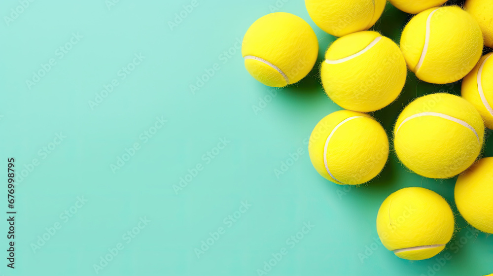 yellow tennis balls on a blue background with copy space for text